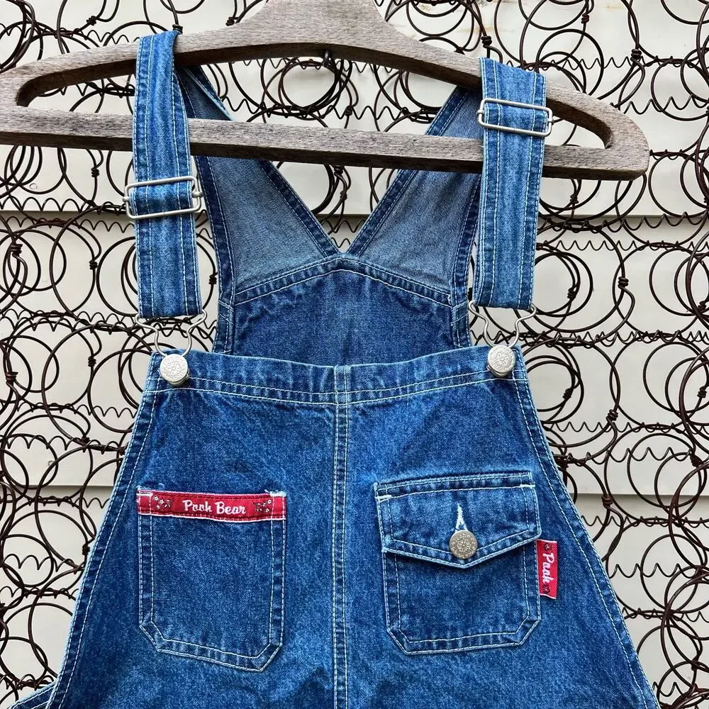 Vintage 90s Y2K Pooh Logo Image Denim Jean Shortalls Overalls Multi Pocket SMALL